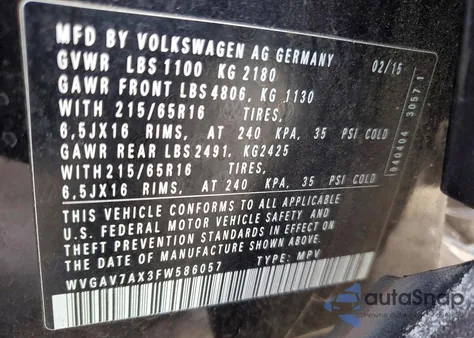 2015 Volkswagen Tiguan S z USA, uszkodzony, nr VIN WVGAV7AX3FW586057